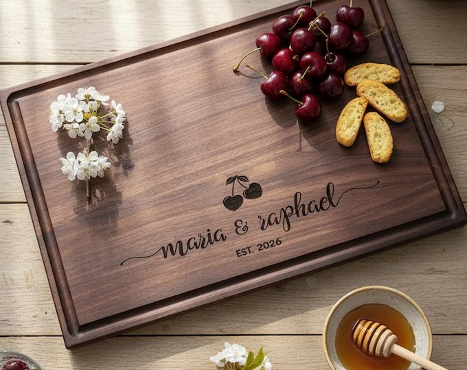 Personalized Cherry Engraved Cutting Board – Custom Charcuterie Board, Wedding, Anniversary, Engagement or Housewarming Gift