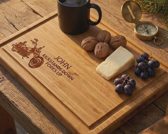 Personalized Motorcycle Cutting Board, Custom Engraved Bamboo Charcuterie Tray, Father's Day Gift