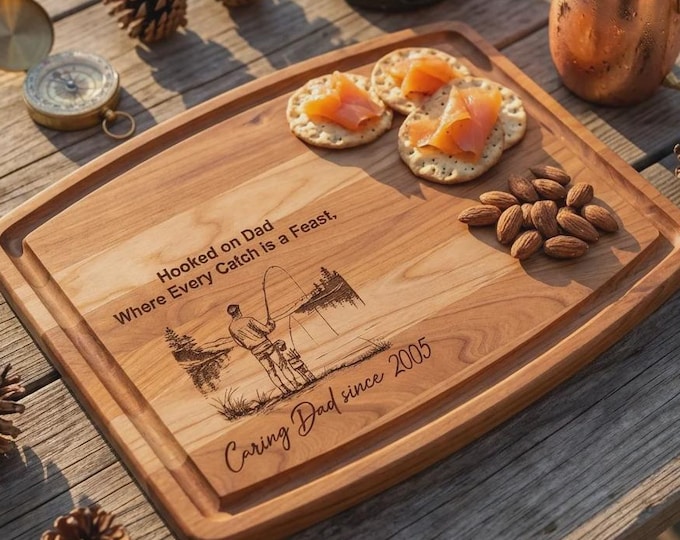 Personalized Fishing Wood Cutting Board, Custom Engraved Charcuterie Tray, Gift for Dad