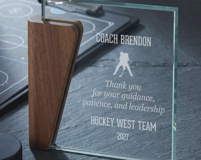 Personalized Coach Appreciation Award, Custom Glass and Wood Trophy, Hockey Coach Plaque