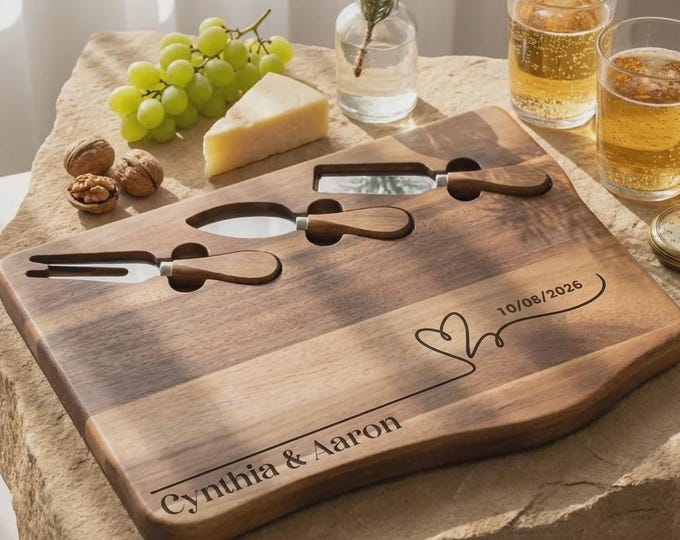 Personalized Acacia Charcuterie Board with Knife Set, Custom Engraved Wedding Gift for Couples