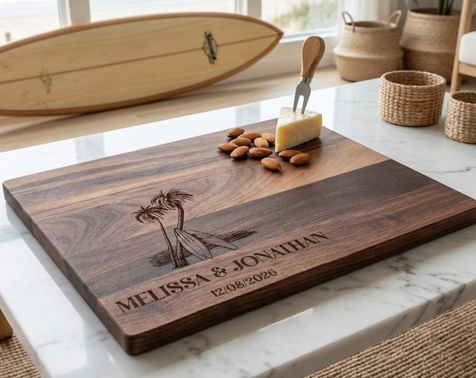 Personalized Surfboard Walnut Cutting Board, Custom Engraved Beach Wedding Gift for Couple