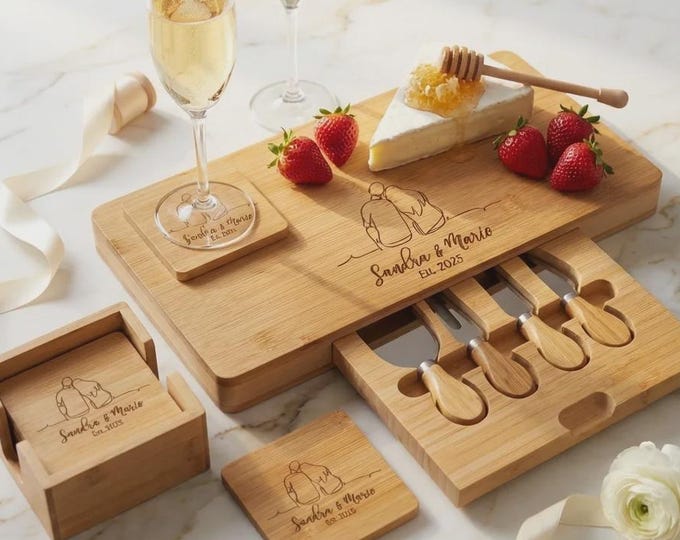 Personalized Bamboo Charcuterie Board with Knife Set, Custom Wedding Gift for Couple