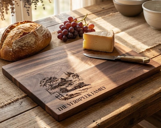 Personalized Farmhouse Cutting Board | Custom Homestead Ranch Gift & Walnut Charcuterie Platter with Vintage Truck