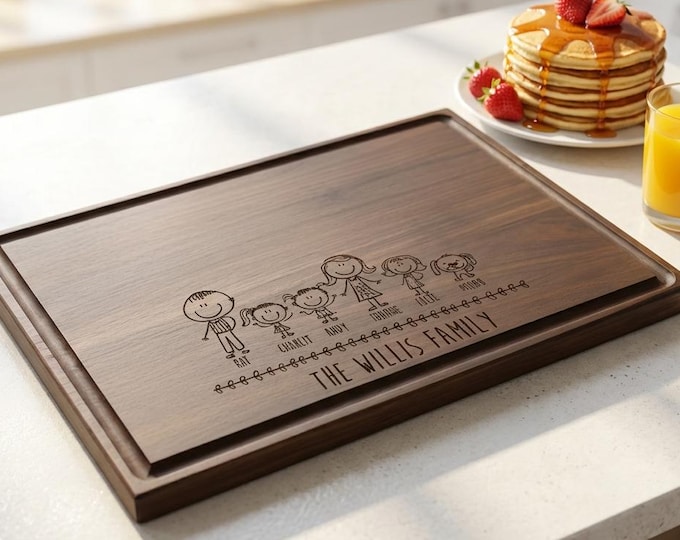 Personalized cutting board, Cartoon Drawing: Custom Engraved Charcuterie Board, Family Illustration, Family Gift, Christmas Gift