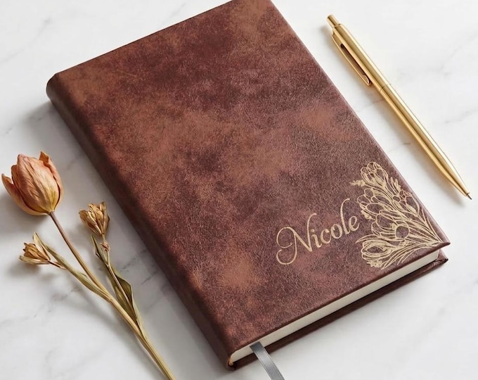 Personalized Brown Vegan Leather Journal, Custom Floral Engraved Notebook, Mother’s Day Gift