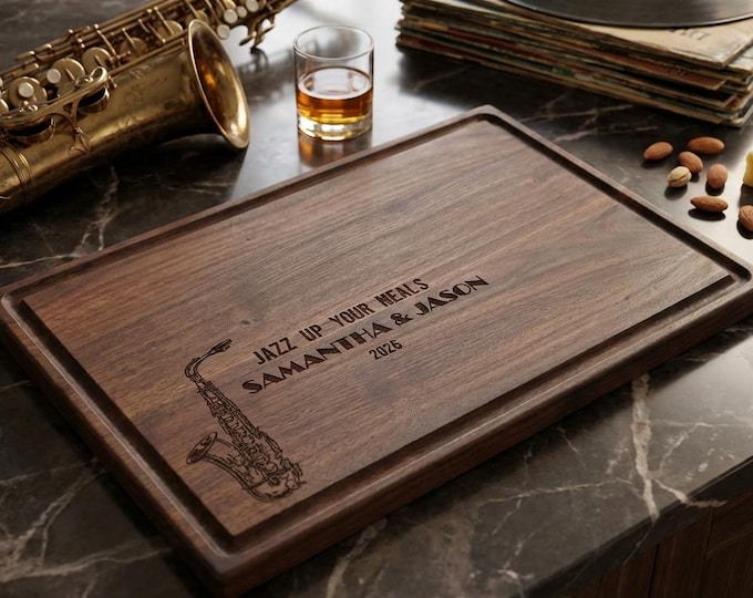 Jazz Lover Gift | Personalized Cutting Board & "Jazz Up Your Meals" Saxophone Present