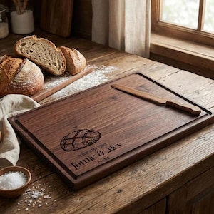 Personalized Sourdough Bread Board | "In Dough We Trust" Walnut Cutting Board & Custom Baker Gift