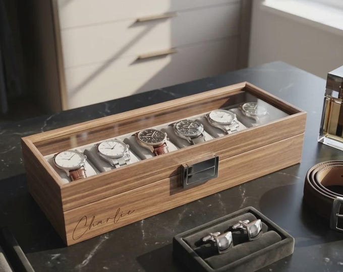 Custom Engraved Watch Box - 6-Watch Veneered Walnut Case for Men, Personalized Watch Storage, Ideal Gift for Him, Christmas Gift