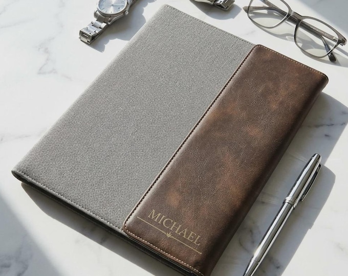 Personalized Vegan Leather and Canvas Portfolio, Custom Engraved Office Folder with Notepad, Graduation Gift