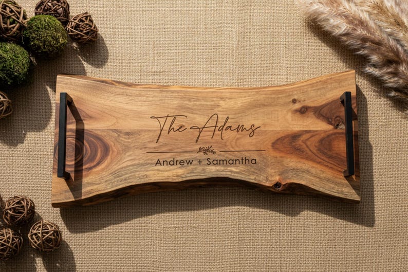Personalized live edge cutting board, custom laser engraved board, housewarming gift, Gift for the couple, wedding gift, Christmas gift Live edge tray