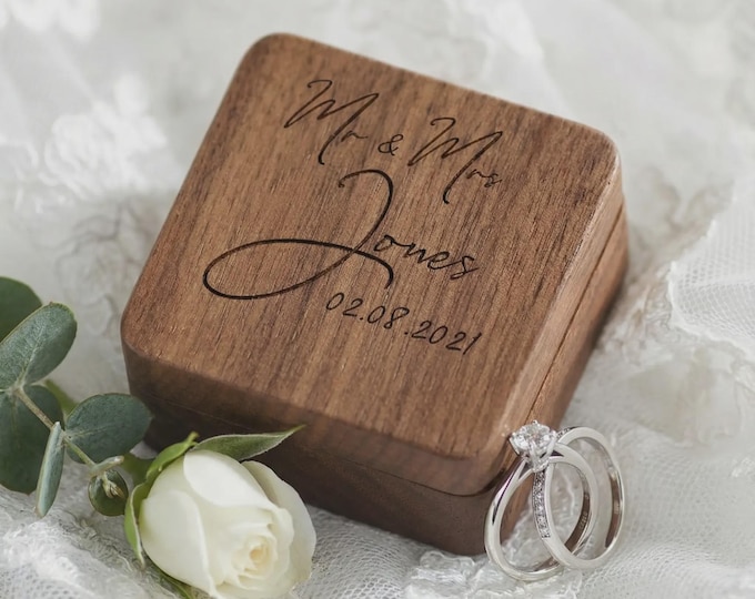 Wedding Ring Box | Personalized Walnut Wood Case & Custom "Mr and Mrs" Ceremony Prop