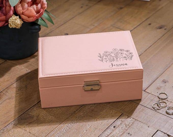 Personalized Faux Leather Jewelry Box: Flower Themed, Custom Engraved Jewelry Organizer - Mother's Day, Daughter, Wife, Grandma Gift