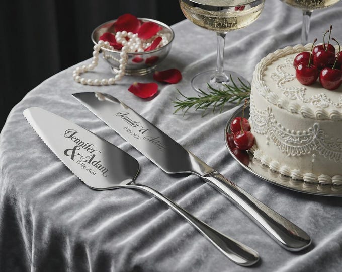 Personalized Wedding Cake Server, Custom Engraved Silverware Knife Set, Bridal Dessert Serving Utensils