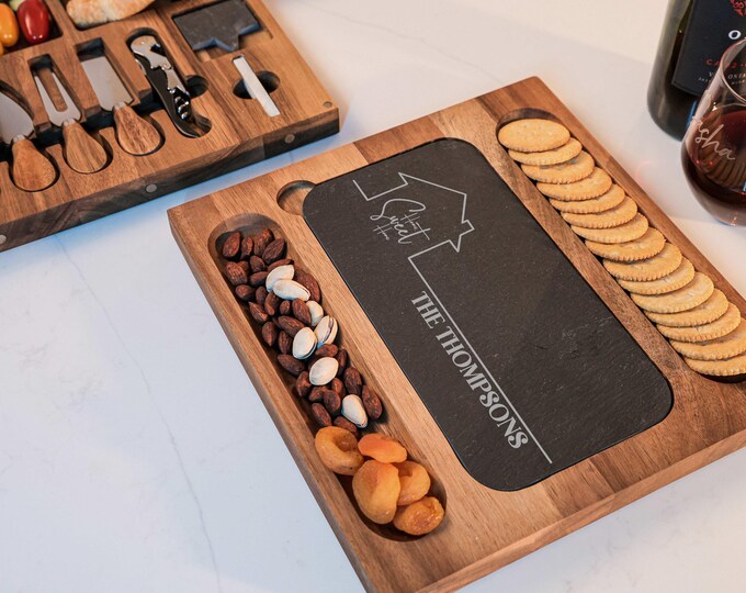 Personalized Cheese Board Set | Home Sweet Home Custom Engraved Charcuterie Board | Anniversary, Housewarming, Wedding, Realtor closing Gift