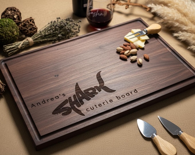 Personalized Shark Charcuterie Board: Engraved Wood Cutting Board