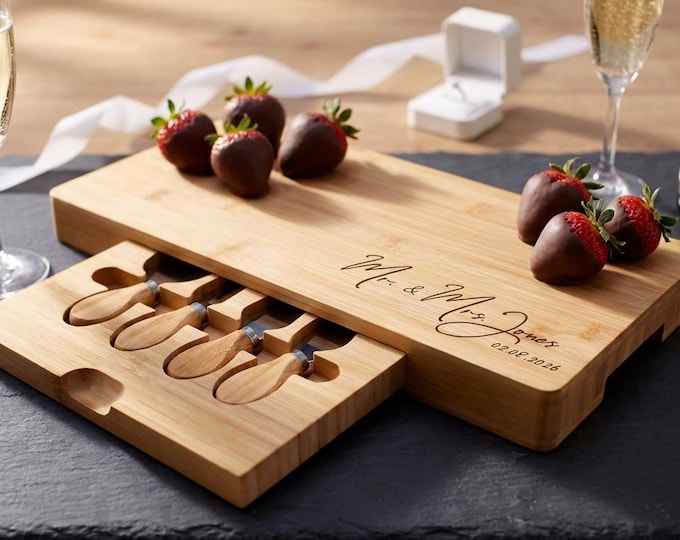Mr. and Mrs. Wedding Gift | Personalized Charcuterie Board Set & Custom Bamboo Cheese Platter with Knives