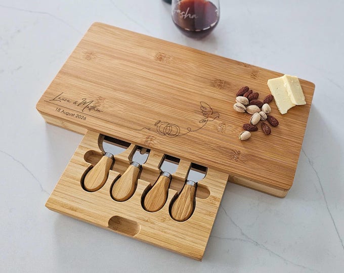 Custom Engraved Bamboo Cheese & Charcuterie Board – One-Line Dove and Diamond Ring Design with Couple Names and Date, Wedding Gift