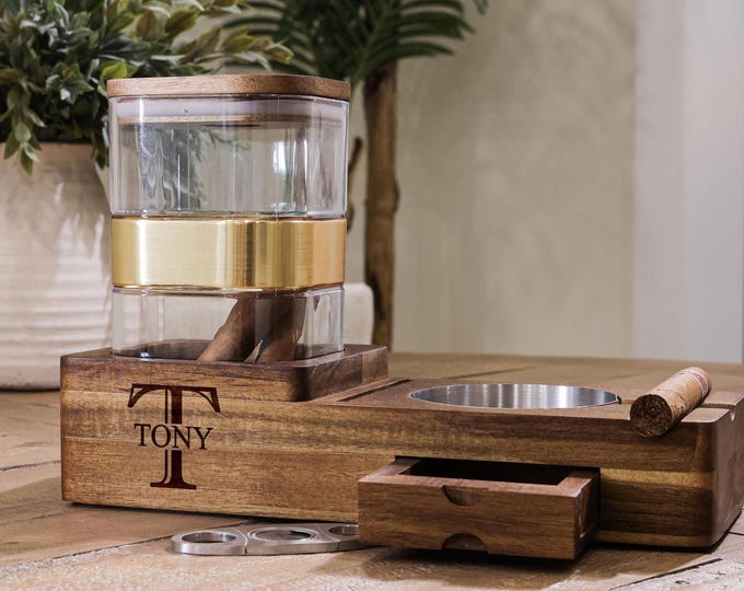 Personalized Cigar Ashtray and Humidor Set - Monogrammed: Customized Smoking Accessories Gift for Husband, Father, Colleague, Birthday