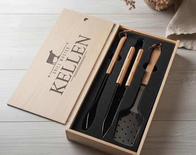 Engraved Grill Tools Set in Wood Box | Custom Barbecue Gift for Dad, Unique Housewarming Gift, Stainless Steel Utensils