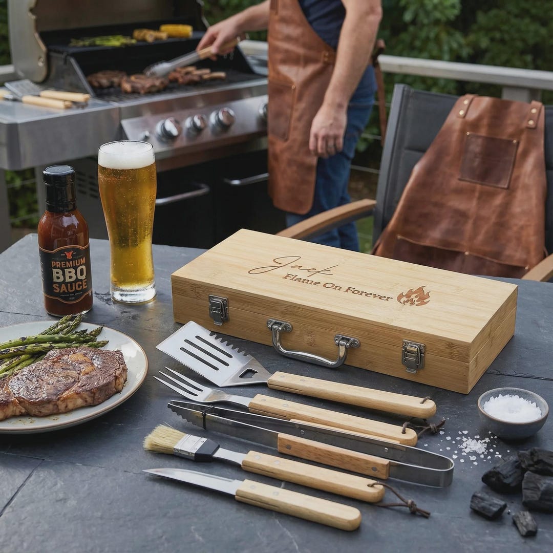 Custom Grilling Tools Personalized BBQ Tool Set With Engraved Bamboo Case, Custom Stainless ...