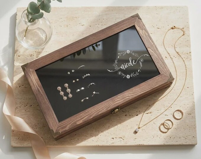 Personalized Wood Jewelry Box with Glass Lid, Custom Engraved Earring Organizer, Gift for Her