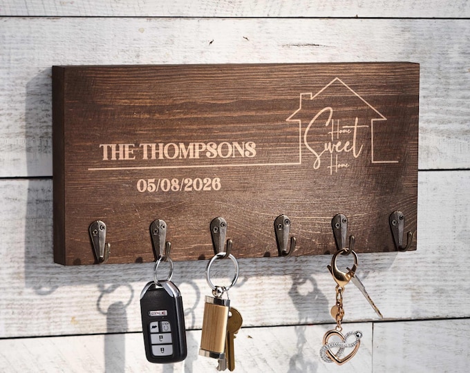 Personalized Key Hanger –Home Sweet Home: Custom Engraved Wall Key Holder for Rustic Home Decor, Realtor, Housewarming & Wedding Gift