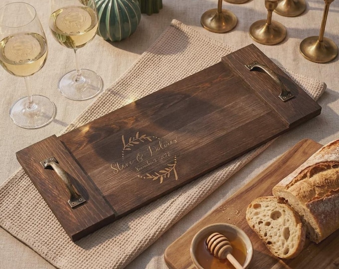 Personalized Wood Serving Tray with Handles, Custom Engraved Wedding Gift, Rustic Centerpiece