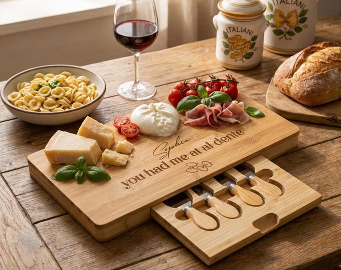Personalized Pasta Lover Gift | "You Had Me At Al Dente" Bamboo Charcuterie Board Set & Funny Gift for Wife