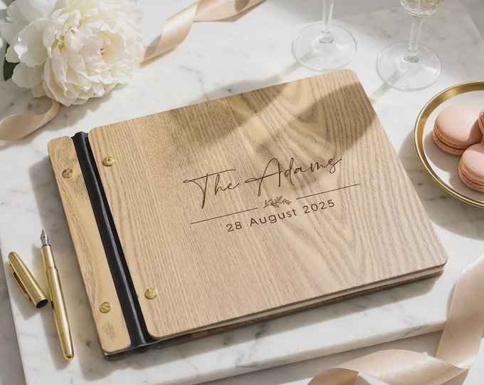 Personalized Wood Wedding Guest Book, Custom Engraved 8.5x11 Signature Album with 80 Pages