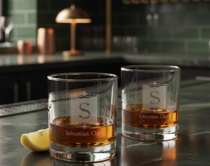 Personalized Whiskey Glass – Engraved Monogram Rocks Glass, Custom Groomsmen Gift, Wedding Barware for Men