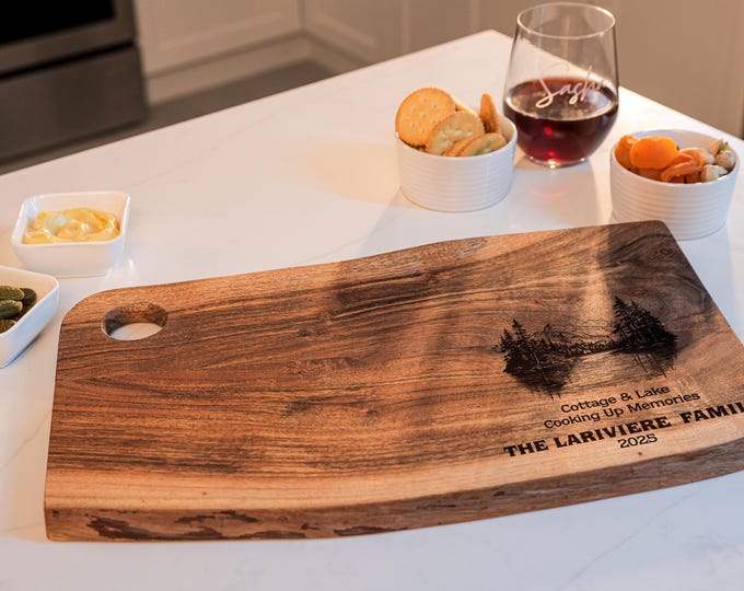 Personalized Live Edge Cutting Board - Family Lake Life: Rustic Engraved Charcuterie Board | Nature Lovers, Anniversary, Hosting Couple Gift