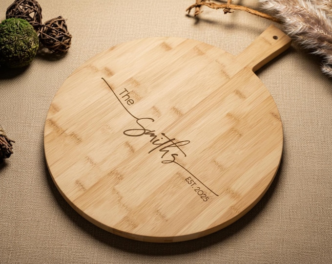 Personalized Pizza Board: Custom-Engraved Bamboo Pizza Peel | Housewarming, Wedding, Kitchen Decor, Hosting, Engagement, Couple Unique Gift