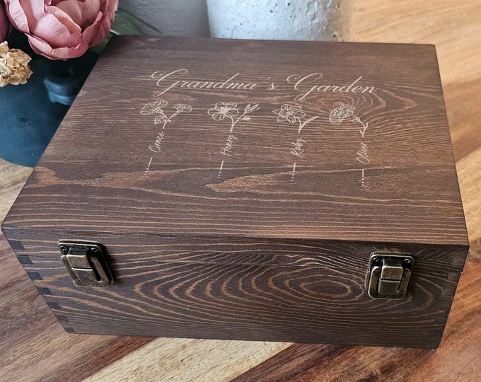 Personalized Wooden Gift Box, Engraved Grandma Trinket Box, Customized Rustic Keepsake Memory Box, Birth Flowers Gift For Her, Mother's Day