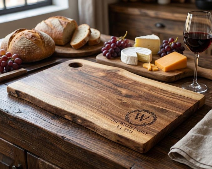 Rustic Wedding Gift | Personalized Cutting Board & "Live Edge" Monogram Charcuterie Platter