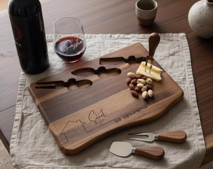 Personalized Home Sweet Home Acacia Cheese Board Set | Custom Engraved Housewarming Gift | Couple's Gift | Charcuterie Board with Knives