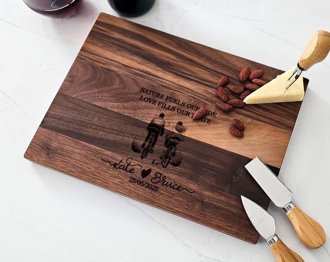 Personalized Cutting Board – Biking Couple: Custom Engraved Charcuterie Board, Adventure Family, Anniversary, Wedding, Bike Enthusiasts Gift