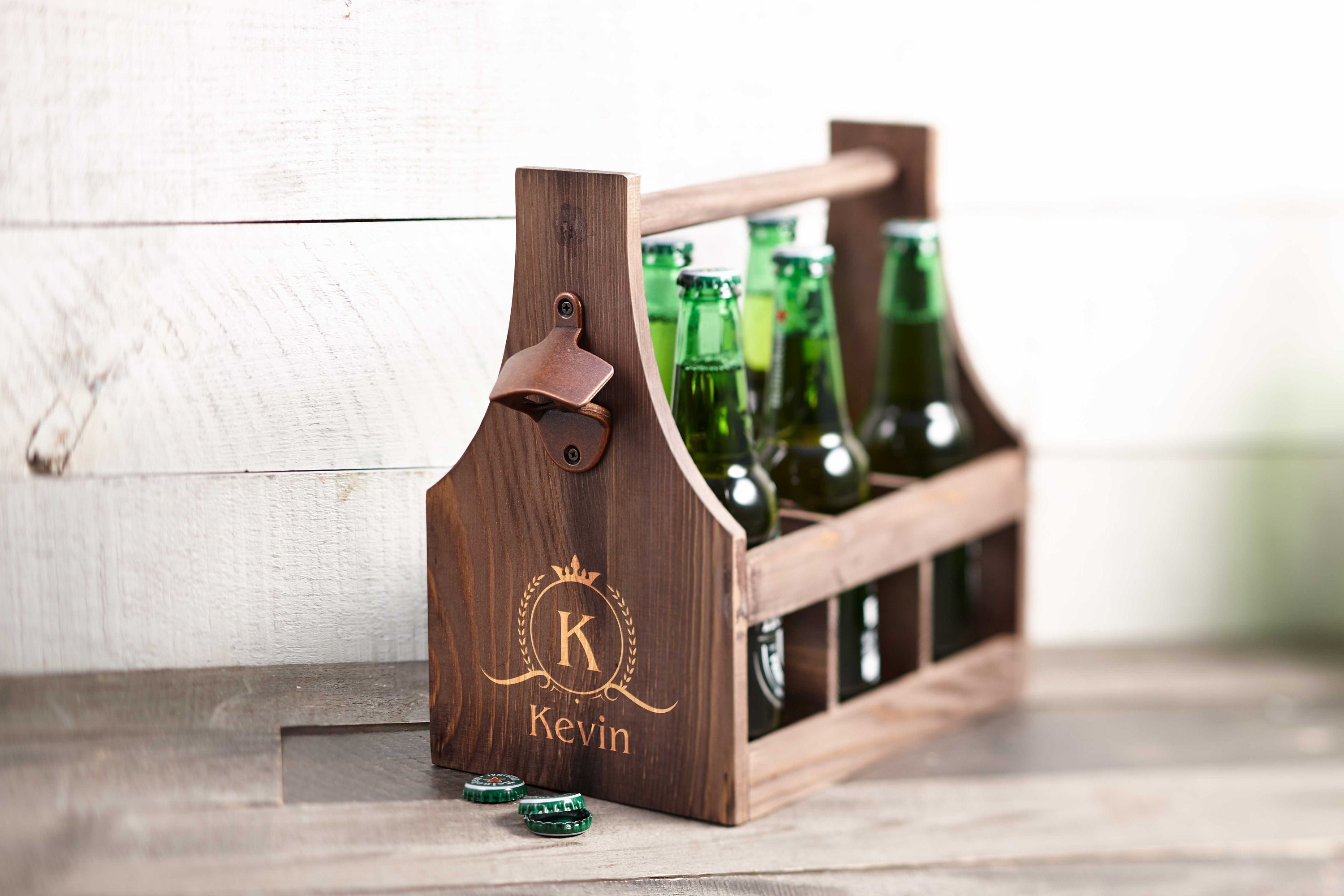  MyGift Rustic Solid Torched Wood 6 Slot Beverage Bottle Carrier  Beer Caddy with Napkin Holder, Built-In Bottle Opener and Black Metal Side  Accents: Home & Kitchen