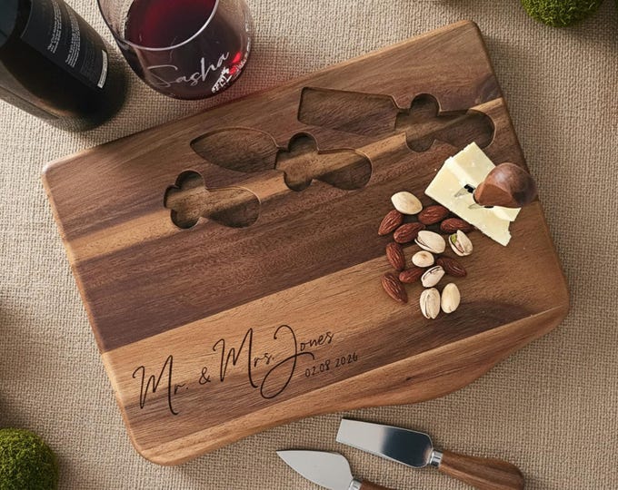 Personalized Charcuterie Board, Wedding Gift: Custom Engraved Cheese Board With Tools, Housewarming Gift, Couples Gift, Newlywed Gift