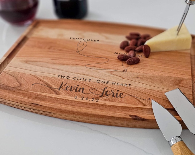 Personalized cutting board – Love Across Cities: Custom Engraved Wedding & Housewarming Gift for Long-Distance Couples, Charcuterie Board