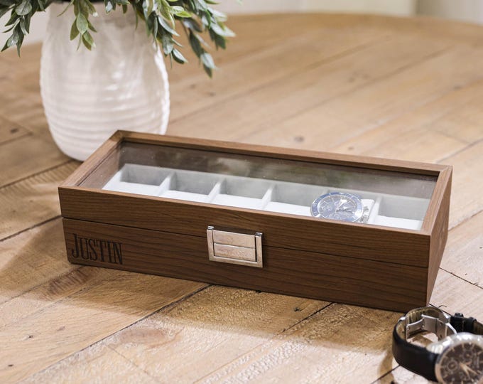 Personalized Watch Box - Custom Engraved 6-Watch veneered walnut Case for Men, Watch Storage, Ideal Gift for Father's Day, Husband, Son