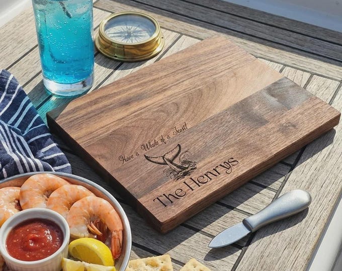 Personalized Nautical Wooden Cutting Board, Custom Whale Engraved Charcuterie Tray, Coastal Decor