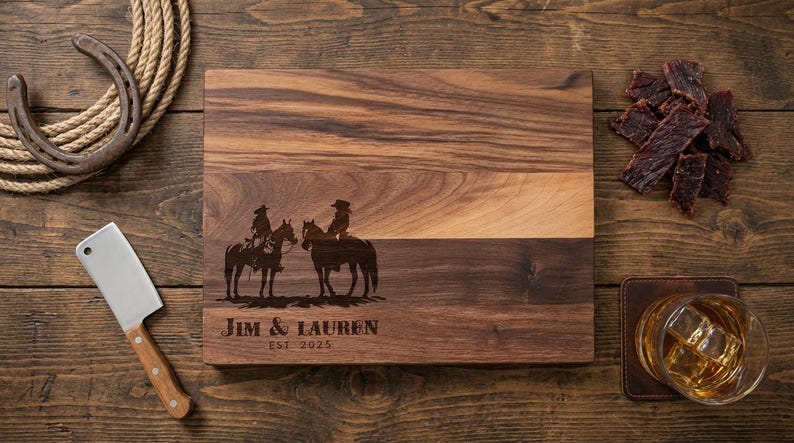 Planche à découper personnalisée - Cowboy et cow-girl avec cheval : charcuterie gravée personnalisée, décoration de cuisine occidentale, cadeau pour elle et lui image 14