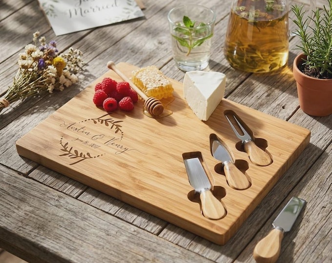 Personalized Bamboo Cheese Board Set, Custom Engraved Charcuterie Platter, Wedding gift