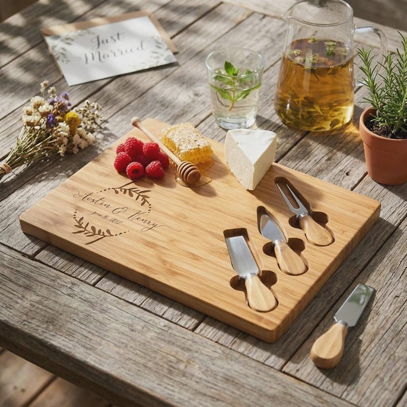 Personalized Bamboo Cheese Board Set, Custom Engraved Charcuterie Platter, Wedding gift image 1