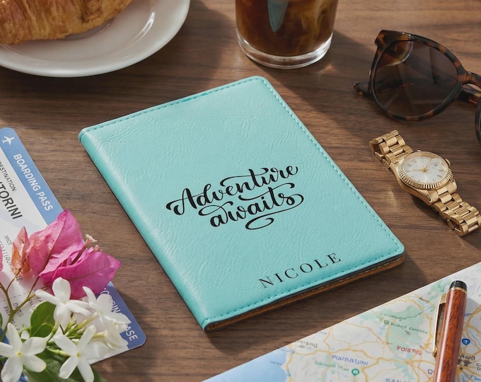 Personalized Adventure Awaits Passport Cover - Engraved Vegan Leather Travel Holder