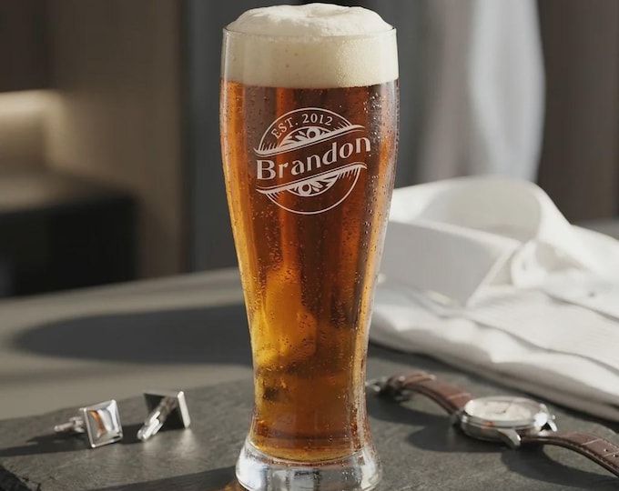 Personalized Pilsner Beer Glass, Custom Laser Etched Groomsmen Gift, 16oz or 21oz Barware