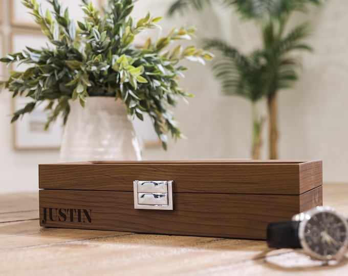 Personalized Watch Box - Custom Engraved 6-Watch veneered walnut Case for Men, Watch Storage, Ideal Gift for Him, Husband, Christmas Gift