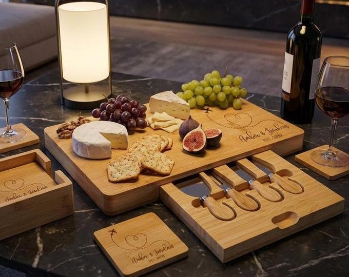 Personalized Bamboo Charcuterie Board Set – Destination Wedding: Custom Engraved Cheese Board, World Explorer, Couple Gift