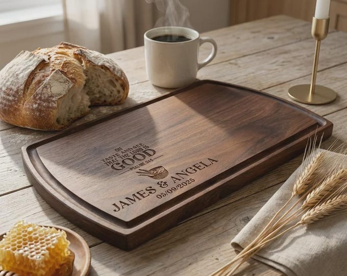 Personalized Bible Verse Walnut Cutting Board, Custom Engraved Psalm 34 8 Christian Couples Gift